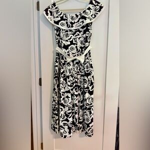 Lanz Originals Vintage Black & White Rose Print  Midi Dress w/belt.Cotton. Sz 12